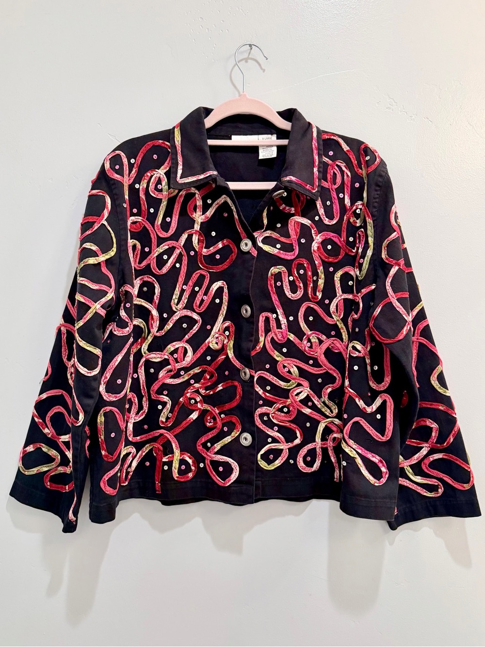 Vintage 90s Units Embroidered Sequin Ribbon Denim Jacket Black Sz XL Art to Wear